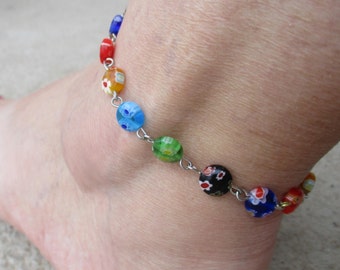 Millefiori Italian Glass Anklet. Rainbow mix of Millefiori Glass.Hand made in Italy. 9" with a 1" extender for size and comfort. Waterproof
