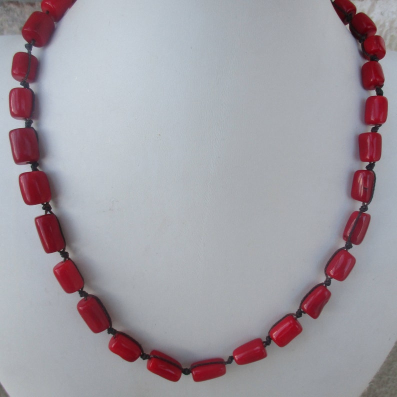 Red Coral Necklace. Hand Knotted on Brown Cord. Non Metal. Coral Beads are 1/2 inch. Waterproof. Adjusts in Size from a 22 up to 30. image 1