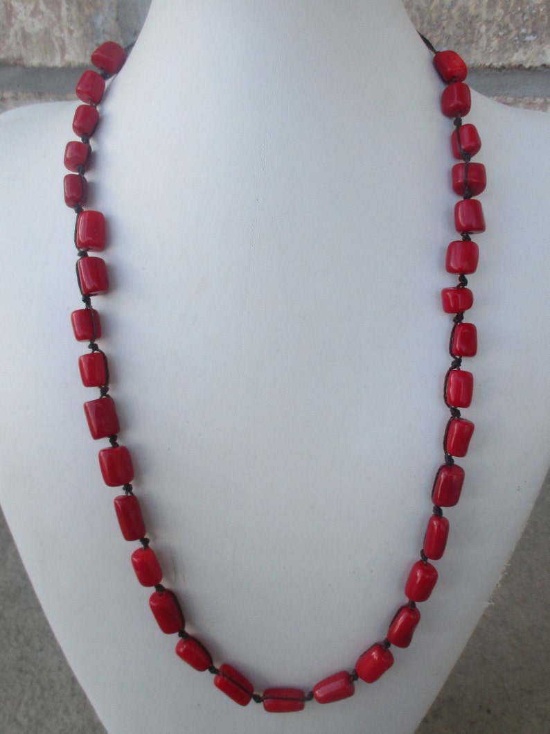 Red Coral Necklace. Hand Knotted on Brown Cord. Non Metal. Coral Beads are 1/2 inch. Waterproof. Adjusts in Size from a 22 up to 30. image 4