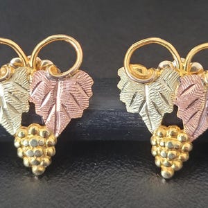 Vintage 1970&#39;s 10K - 12k Gold Landstrom&#39;s Tri-Tone Black Hills Grape and Leaves, Post Earrings