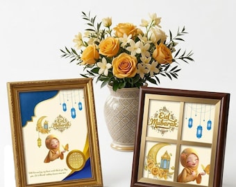 Eid Mubarak Druckbare Karte, süßes Hijabi Mädchen Blau Gold Islamische Laterne Design, Instant Download PDF