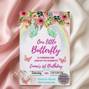 Butterfly 1st Birthday Invitation Rainbow Garden Party Digital Printable Emma First Birthday
