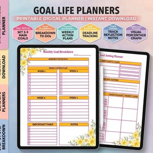 Puede incluir: Planificadores de vida digital con planificador digital imprimible y descarga instantánea. La imagen muestra dos tabletas con diseños de planificador, incluyendo la definición de objetivos, planes de acción semanales y seguimiento de plazos. El texto incluye "Goal Life Planners".