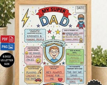 Tarjeta imprimible "Mi Super Papá", actividad para niños para dibujar y completar sobre superhéroes para el Día del Padre, descargable.