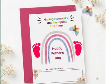 Tarjeta de recuerdo con huellas de pies para el Día del Padre, imprimible "Creando recuerdos: Bebé arcoíris", descarga instantánea en PDF.