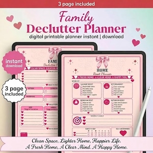May include: A digital Family Declutter Planner with three pages, featuring pink and white layouts, bow illustrations, and checklists for home organization tasks like laundry, kitchen, bedroom, and bathroom resets, plus weekly goals and habit trackers.