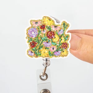 Bobine d'insigne hologramme floral - Motif de bouquet de fleurs sauvages coloré avec finition scintillante - Porte-carte d'identité mignon et joyeux pour infirmières, enseignants, bureau