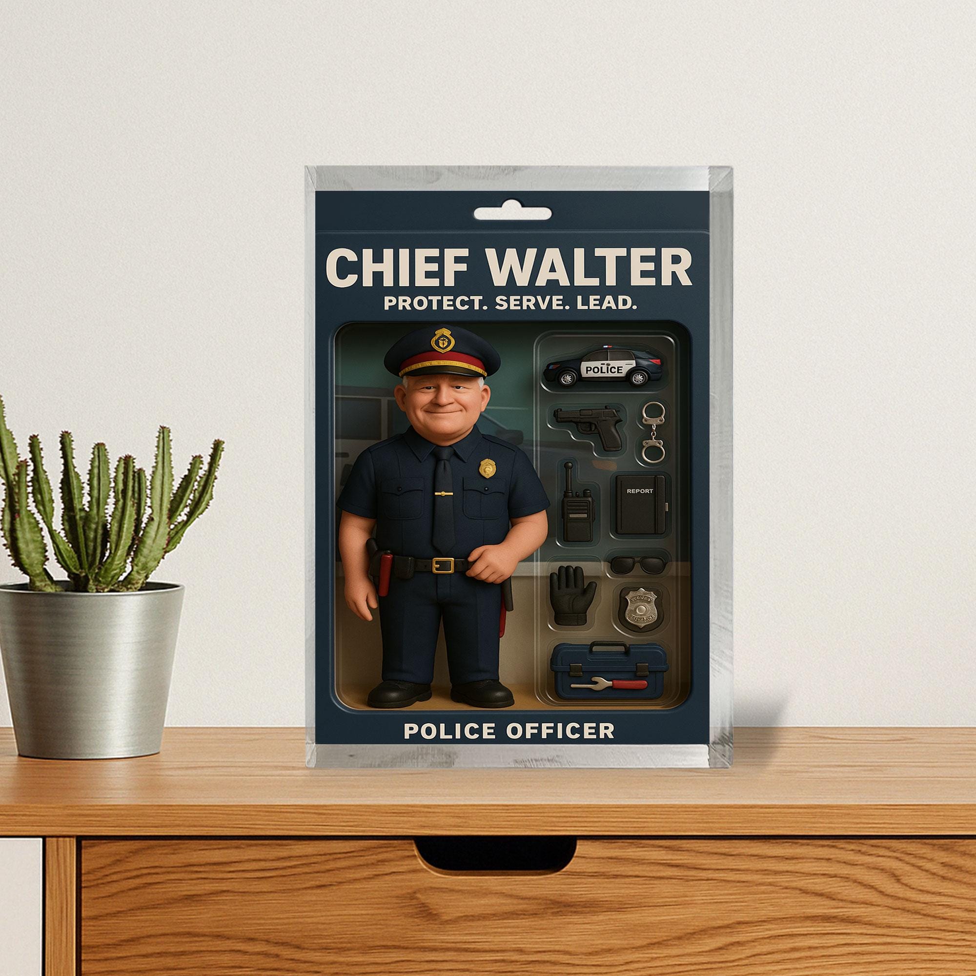 Personalized Chief Walter Police Officer Acrylic Block – Protect, Serve, Lead – Miniature Figure & Accessories Collectible Gift