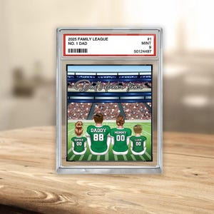 Targa in acrilico personalizzata con la scritta "Daddy's Dream Team" del football americano, raffigurante un papà seduto con i suoi figli seduti in stile carta da collezione, regalo per papà e marito.