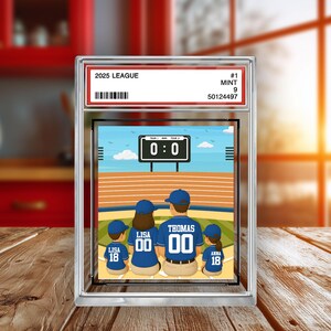 Placa acrílica personalizada con el equipo de ensueño de papá, número 1, para papá y niños sentados, estilo tarjeta coleccionable, regalo para papá y esposo.