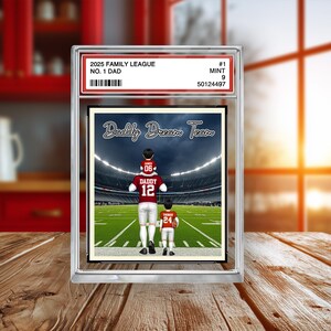 Placa acrílica personalizada con el equipo de ensueño de papá, número 1, para papá y niños sentados, estilo tarjeta coleccionable, regalo para papá y esposo.