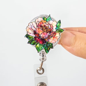 Bobine d'insigne de fleur de pivoine - Support floral scintillant pour carte d'identité pour les infirmières et les enseignants, pince rétractable élégante, cadeau mignon pour les amoureux du jardin ou de la nature