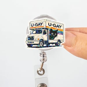 Bobine d'insigne chat gay U, clip d'identité d'infirmière LGBTQ drôle, cadeau de la fierté gay de camion de déménagement, porte-badge arc-en-ciel, insigne d'infirmière humour queer, accessoire de fierté