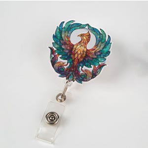 Bobine d'insigne hologramme Phoenix - Clip de porte-carte d'identité rétractable de style vitrail coloré pour infirmières, enseignants, étudiants et employés de bureau