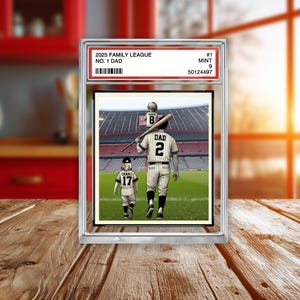 Presente personalizado para pai com tema de beisebol – Cartão da Liga Familiar 2025 – Expositor esportivo nº 1 para o Dia dos Pais, personalizado com os nomes dos filhos