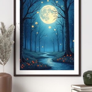 Moonlight Forest Digital Print - Glowing Fantasy Landscape Art, Enchanted Woods Wall Decor, Printable Night Forest Scene for Home