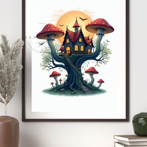 Mushroom Treehouse Art Print - Whimsical Fantasy Wall Art, Digital Download, Fairy Cottage Decor, Cute Magical Forest Illustration