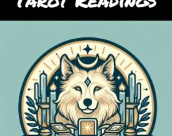May include: A logo for Golden Wolf Tarot featuring a white wolf with a golden mane, surrounded by candles, tarot cards, and a crescent moon.