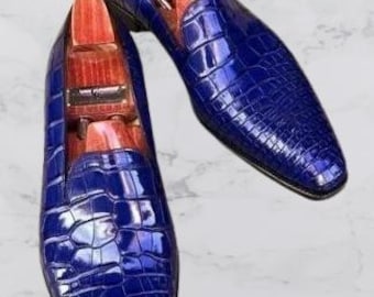 Handmade Men’s Blue Leather Loafers, Custom Moccasin Dress Shoes for Men