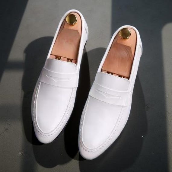 Handmade men's white Leather formal shoes, Men Mocassion Slip On Dress Shoes