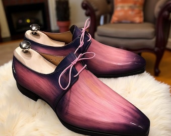 Men Handmade Pink Oxford Formal Wedding Lace Up Dress Patina Leather shoes Party shoes