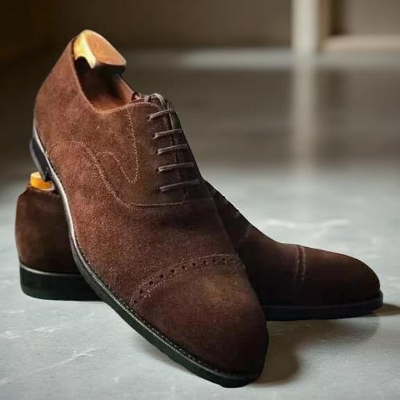 Handmade Brown Genuine Suede Leather Cap Toe Oxford Office  display picture 2