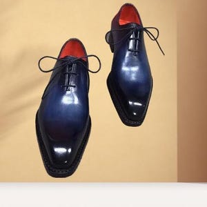 Handmade men blue leather oxford shoes, formal dress leather office shoes mens
