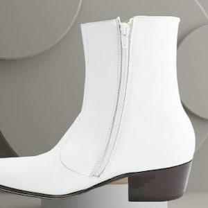 Handmade Men&#39;s White Leather Ankle Boots with Side Zipper | High-Quality Dress Shoes
