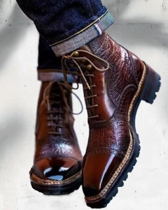 Herren Handgefertigte Schokolade Braun Leder Stiefel Schnüren