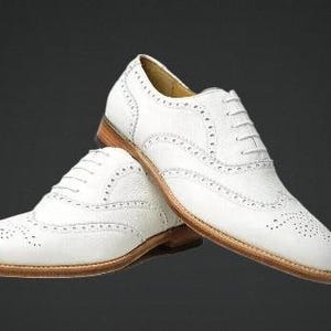 Handmade Leather Oxford Shoes, White Formal Lace Up Wingtip Dress Shoes For Men