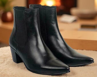 靴 Hand made Pointed toe leaher boots Handmade Black Leather Pointed Toe Cuban Heel Boots - Etsy