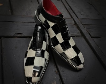 Handmade Black And  White Check Pattern Men's Formal Shoes – Office Dress Shoes, Party Shoes, Wedding Shoes