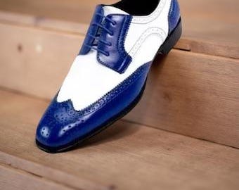 Blue & White Leather Wing Tip Brogue Formal Handmade Lace Up Men Dress Shoes