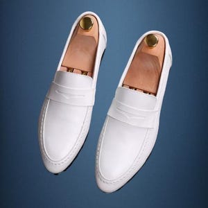 Handmade men&#039;s white Leather formal shoes, Men Mocassion Slip On Dress Shoes