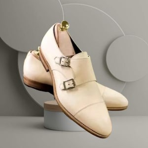 New Handmade White Leather Formal Double Monk Buckle Dress Shoes For Mens