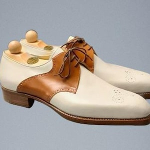 Men Handmade Tan And White Leather Derby Shoes, Lace up Oxford Formal Dress Shoe
