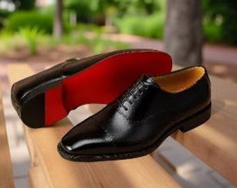 Zapato Oxford de cuero negro con suela roja y cordones para hombre, estilo casual, hecho a medida