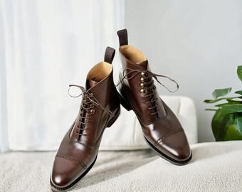 Handmade Brown Leather Boots for Men – Genuine Leather Ankle Boots, Rustic Outdoor Dress Boots, Durable Handmade Men's Shoes