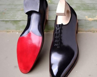 Zapatos Oxford de lujo con suela roja y charol negro, zapatos de vestir y formales de cuero hechos a mano, zapatos de boda.