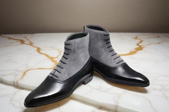Men\'s Two-Tone Gray Leather & Suede Lace-Up Boots Handmade Mens Two Tone Leather Button Boots, Casual Gray  main image 4
