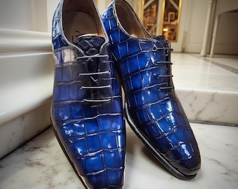 Men's Handmade Blue Leather Shoes Luxury Oxford Whole Cut Lace-Up