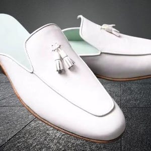 Handmade Men White Leather Slippers, Stylish Tassels Mules Shoes for Men