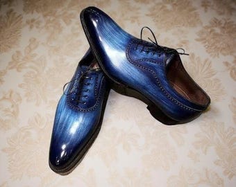 Men's Pure Handmade Blue Patina Leather Lace Up Oxford Dress/Formal Shoes