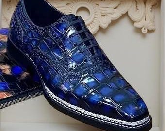Nieuwe luxe handgemaakte blauwe leren herenschoenen, bedrijfsschoenen met veters