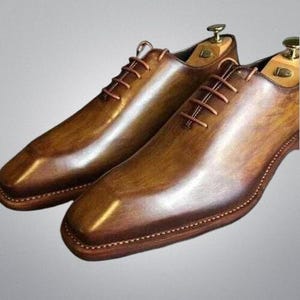Men&#39;s Handmade Tan Leather Oxford Whole Cut Chiseled Toe Dress Shoes Dress