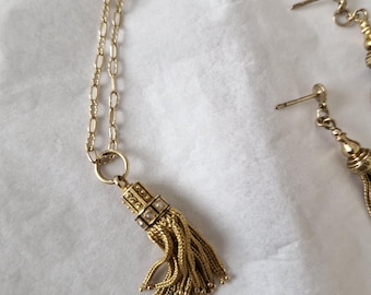 Unique Vintage Gold and Seed Pearl Pendant with Braided Tassel. Matching Gold tasselled  Earrings.