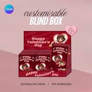 May include: A customizable blind box display with a Valentine's Day theme. The boxes are dark red with illustrations of cartoon characters and hearts. Text includes "Happy Valentine's Day" and "heart themed for you special one!"