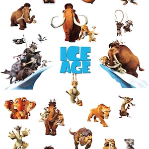 Op de afbeelding: Een verzameling Ice Age-personages, waaronder Sid de luiaard, Manny de mammoet, Diego de sabeltandtijger en Scrat de eekhoorn. De personages worden afgebeeld in verschillende poses en uitdrukkingen, met het Ice Age-logo prominent in de achtergrond.