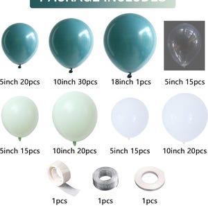 Puede incluir: Un conjunto de globos en varios tama&ntilde;os y colores, incluyendo verde azulado y blanco. La imagen muestra globos que van desde 13 cm hasta 46 cm, junto con accesorios. El texto "PACKAGE INCLUDES" est&aacute; en la parte superior.