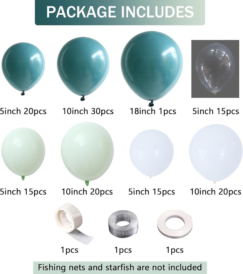 Puede incluir: Un conjunto de globos en varios tama&ntilde;os y colores, incluyendo verde azulado y blanco. La imagen muestra globos que van desde 13 cm hasta 46 cm, junto con accesorios. El texto "PACKAGE INCLUDES" est&aacute; en la parte superior.